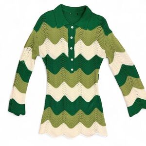 Vintage Style Chevron Knit Sweater Dress Green Cream 70s Retro Collared